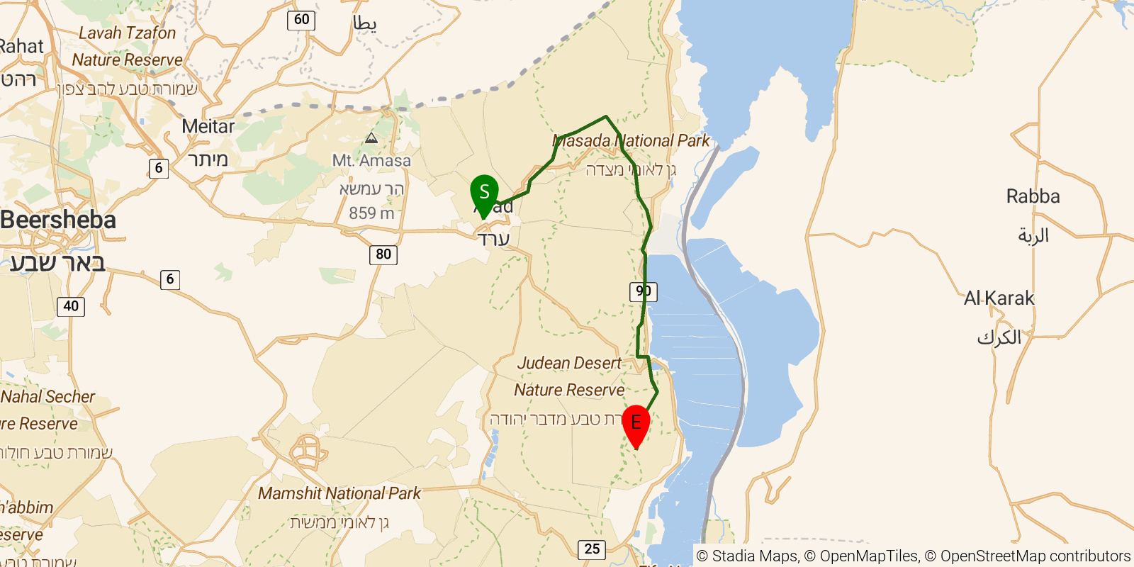 Route map of the Israel National Trail — Sections 32–35: Arad entrance to Amiaz Plain night camp on OpenStreetMap terrain