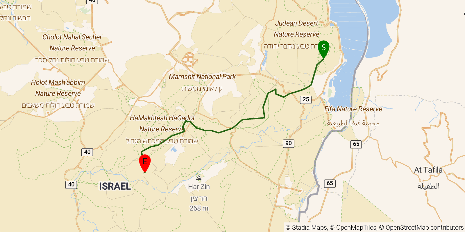 Route map of the Israel National Trail — Sections 36–39: Amiaz Plain night camp to Nahal Madar night camp on OpenStreetMap terrain