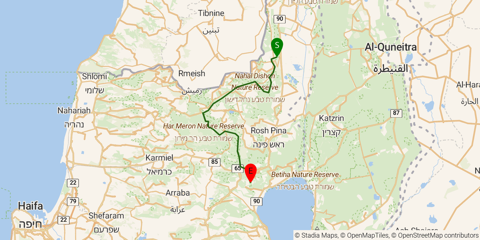 Route map of the Israel National Trail — Sections 4–7: Metzudat Koah to Highway 85 trail crossing on OpenStreetMap terrain