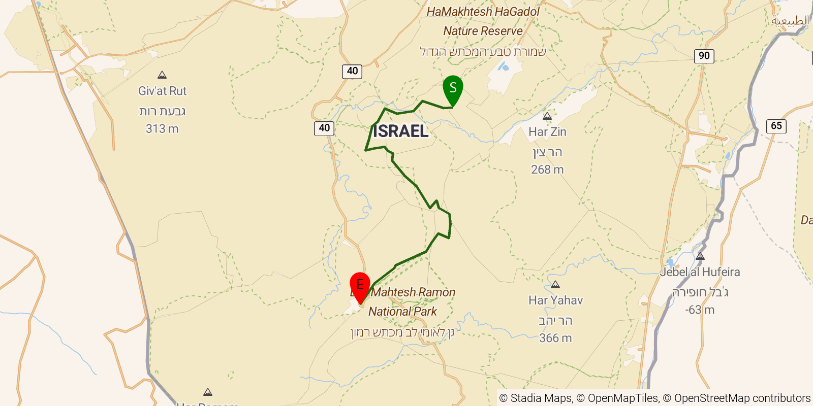 Route map of the Israel National Trail — Sections 40–42: Nahal Madar night camp to Mitzpe Ramon on OpenStreetMap terrain