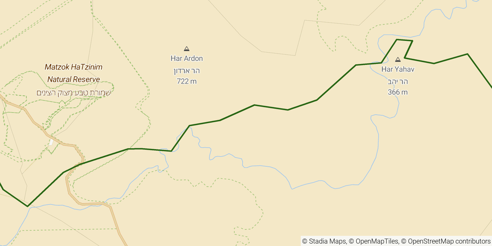 Route map of the Israel National Trail — Sections 43–45: Mitzpe Ramon to Sapir on OpenStreetMap terrain