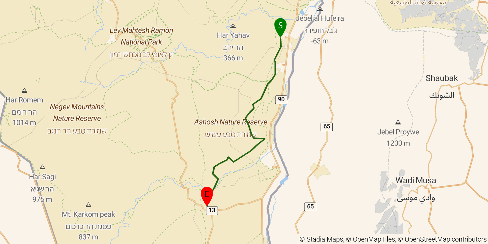 Route map of the Israel National Trail — Sections 46–48: Sapir to Zihor Junction on OpenStreetMap terrain