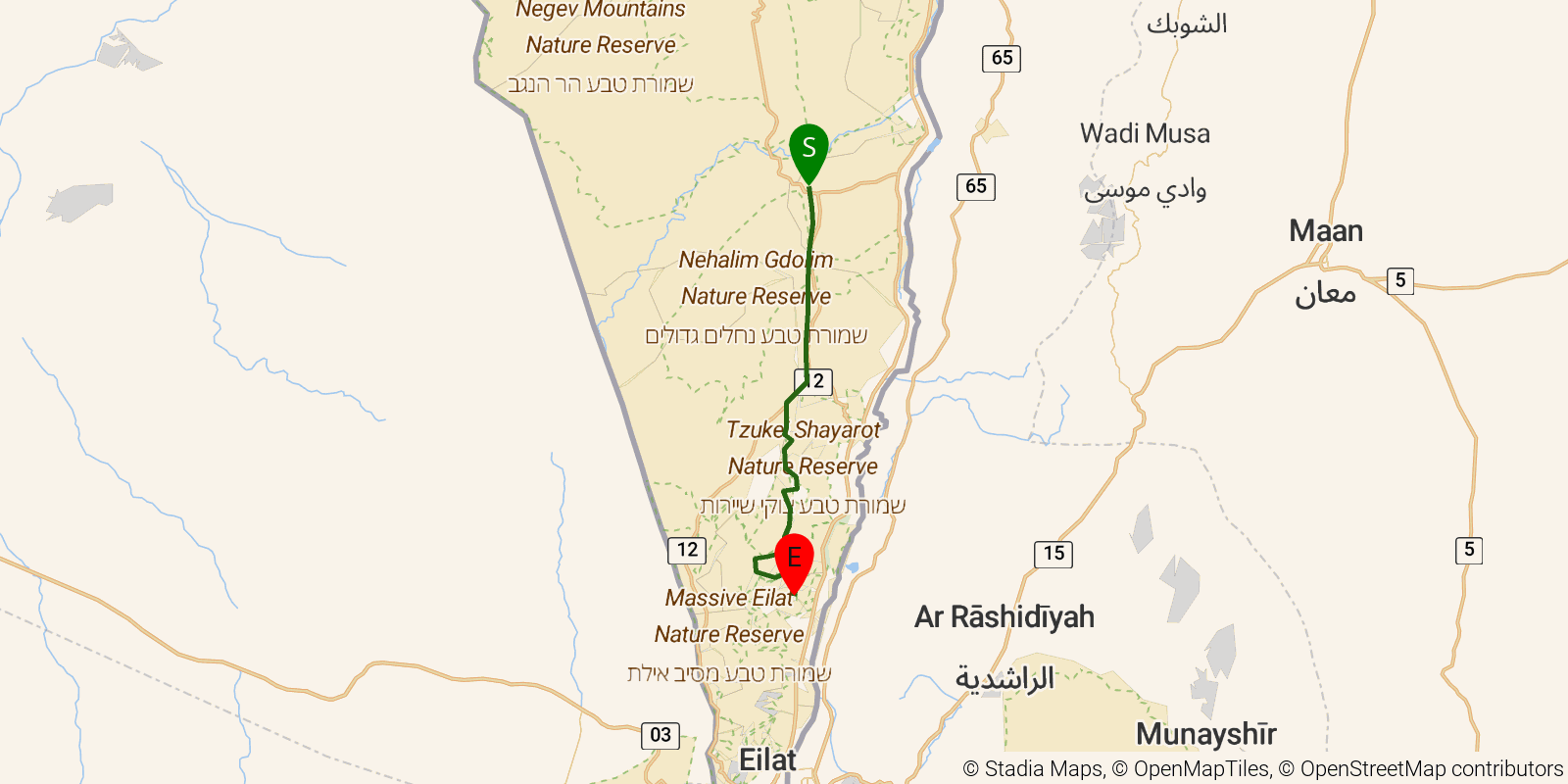 Route map of the Israel National Trail — Sections 49–52: Zihor Junction to Timna Park visitor center on OpenStreetMap terrain