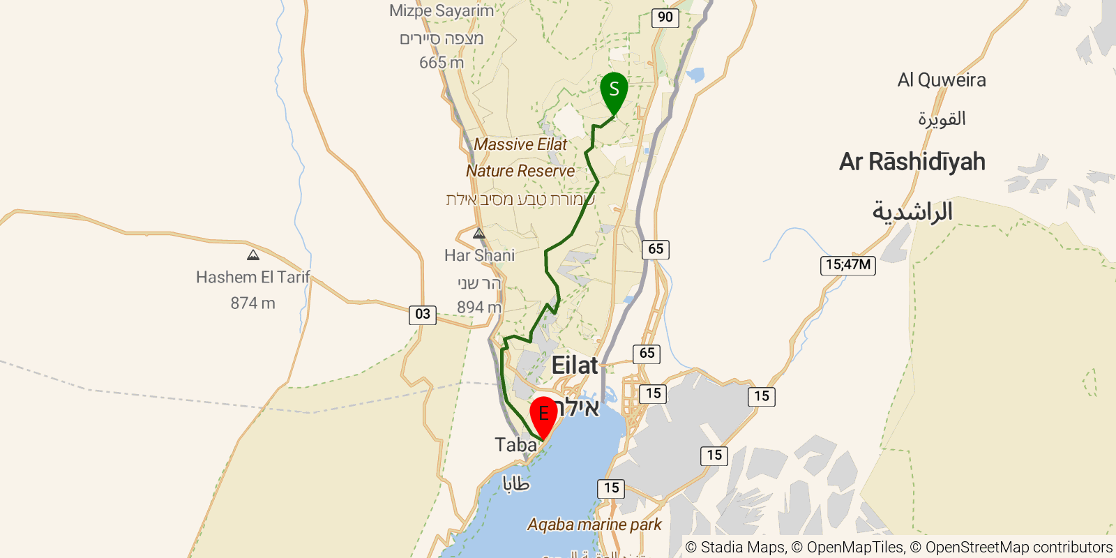 Route map of the Israel National Trail — Sections 53–56: Timna Park visitor center to Eilat Field School on OpenStreetMap terrain