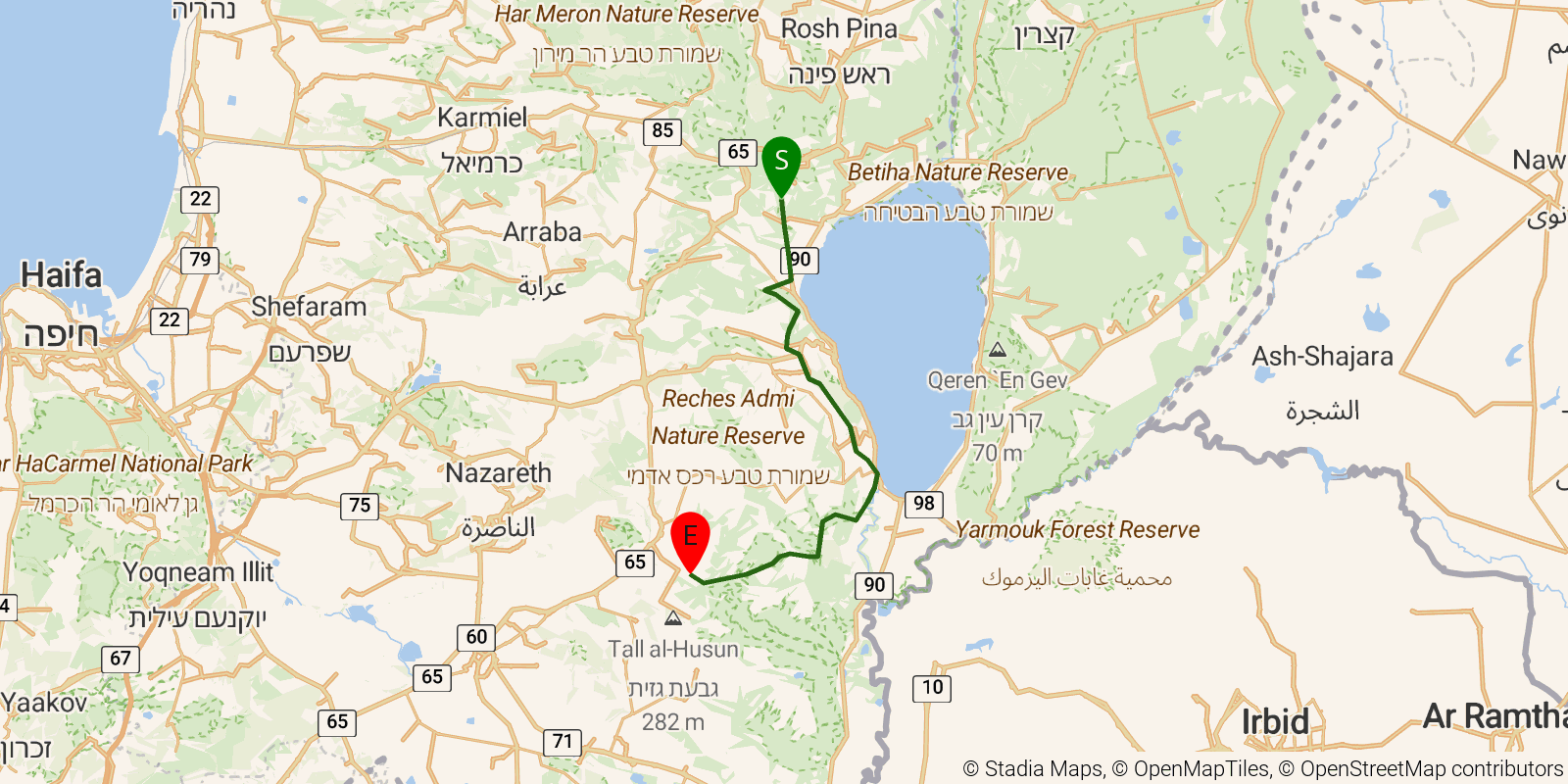 Route map of the Israel National Trail — Sections 8–10: Highway 85 trail crossing to Kfar Kish entrance on OpenStreetMap terrain