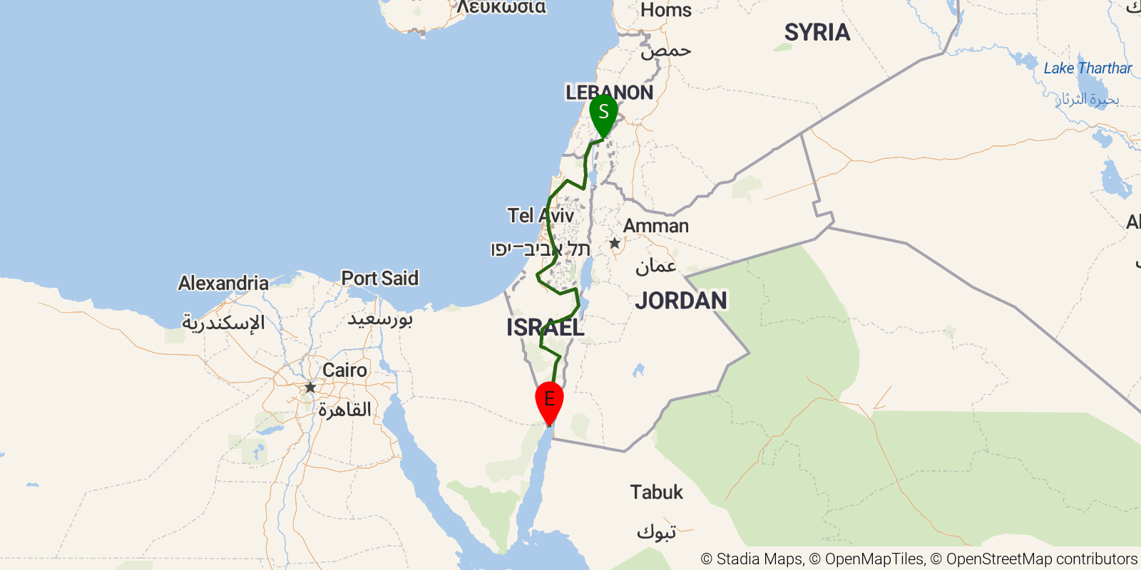 Route map of the Israel National Trail on OpenStreetMap terrain