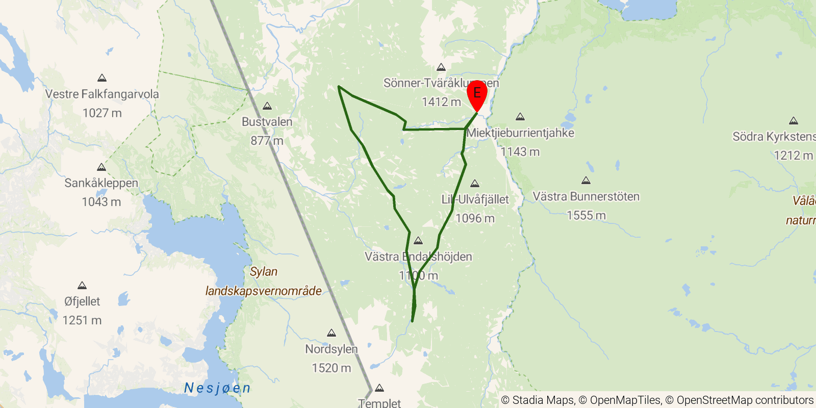 Route map of the Jämtland Triangle on OpenStreetMap terrain