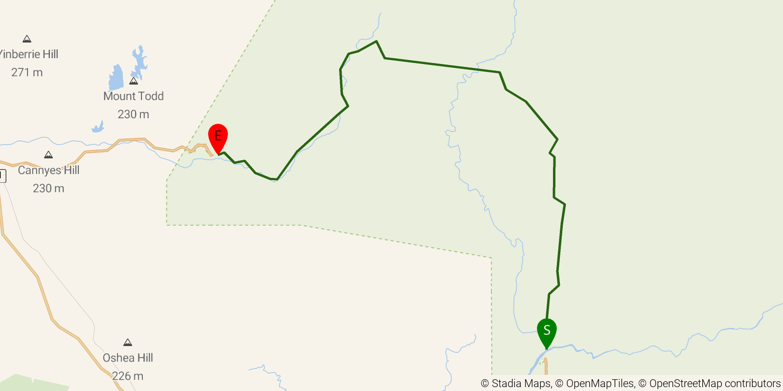 Route map of the Jatbula Trail on OpenStreetMap terrain