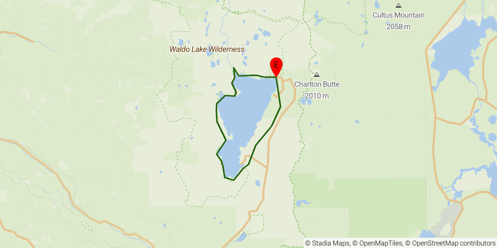 Route map of the Jim Weaver Loop at Waldo Lake on OpenStreetMap terrain
