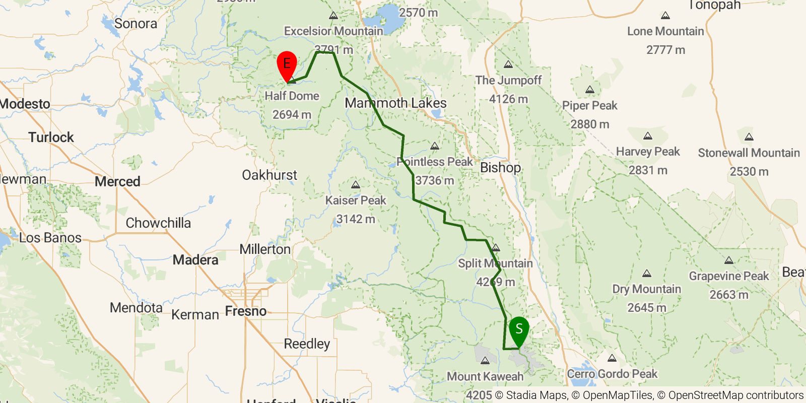Route map of the John Muir Trail on OpenStreetMap terrain