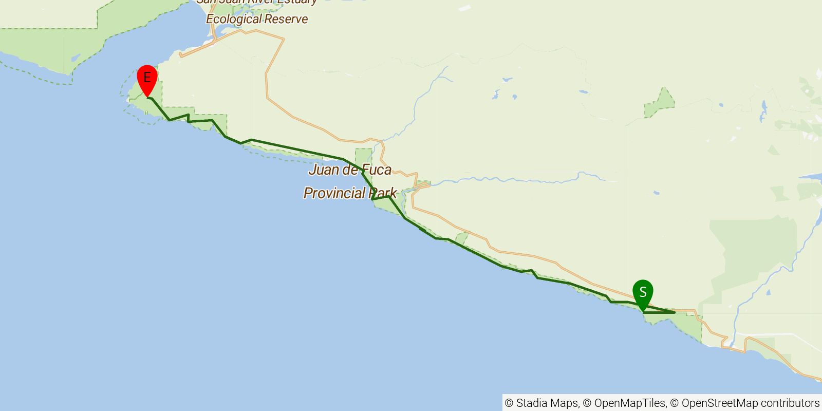 Route map of the Juan de Fuca Trail on OpenStreetMap terrain