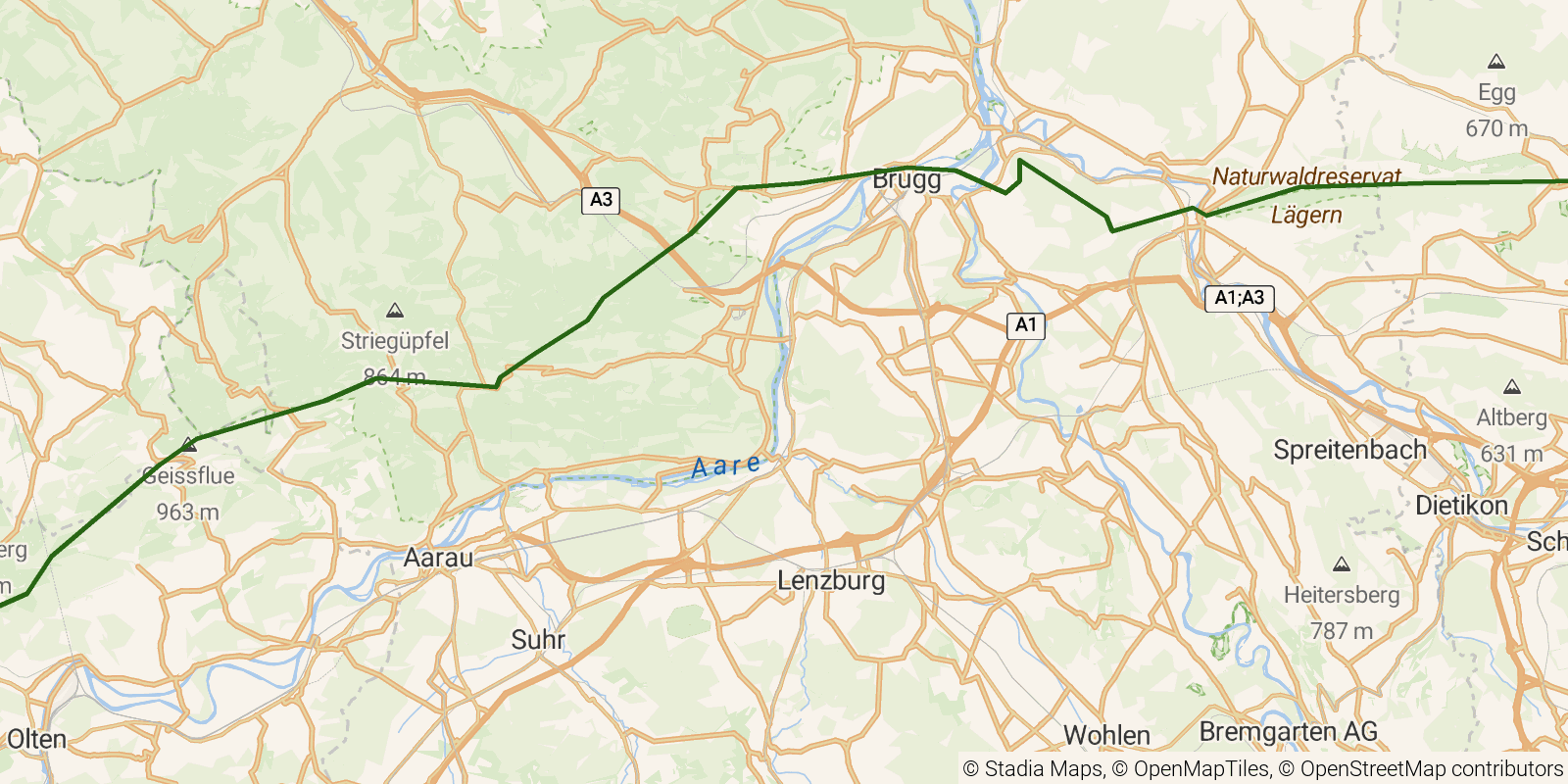 Route map of the Jura Crest Trail — Stages 1–3: Dielsdorf to Hauenstein on OpenStreetMap terrain