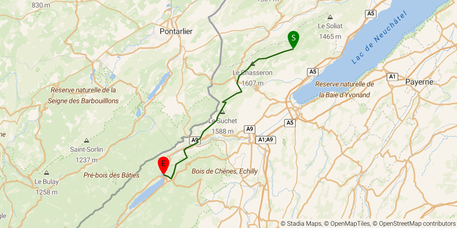 Route map of the Jura Crest Trail — Stages 11–13: La Combaz to Le Pont on OpenStreetMap terrain