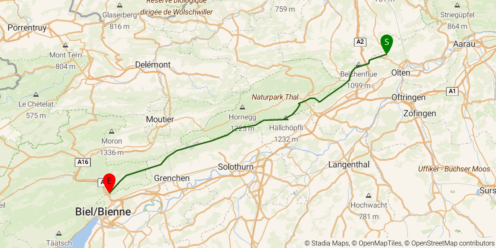 Route map of the Jura Crest Trail — Stages 4–6: Hauenstein to Frinvillier on OpenStreetMap terrain