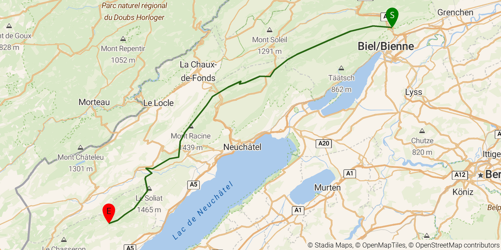 Route map of the Jura Crest Trail — Stages 7–10: Frinvillier to La Combaz on OpenStreetMap terrain