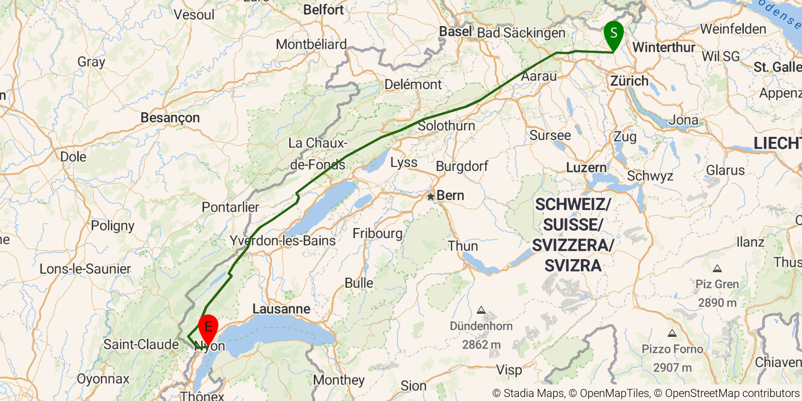 Route map of the Jura Crest Trail on OpenStreetMap terrain