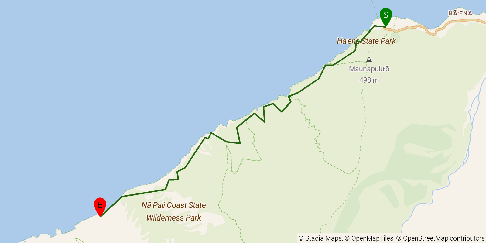 Route map of the Kalalau Trail on OpenStreetMap terrain