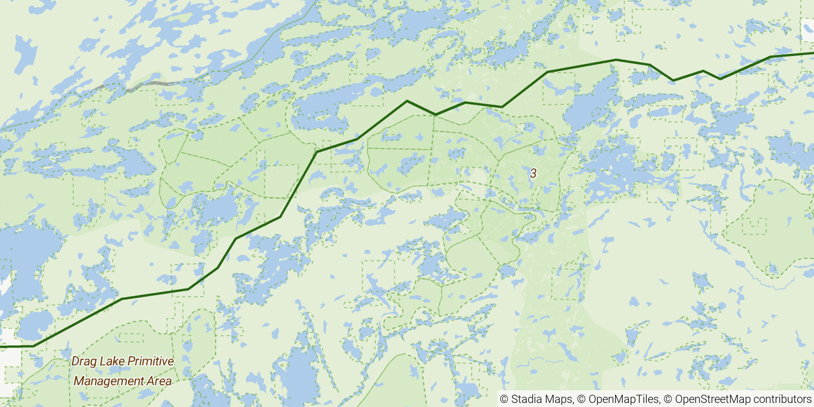 Route map of the Kekekabic Trail on OpenStreetMap terrain