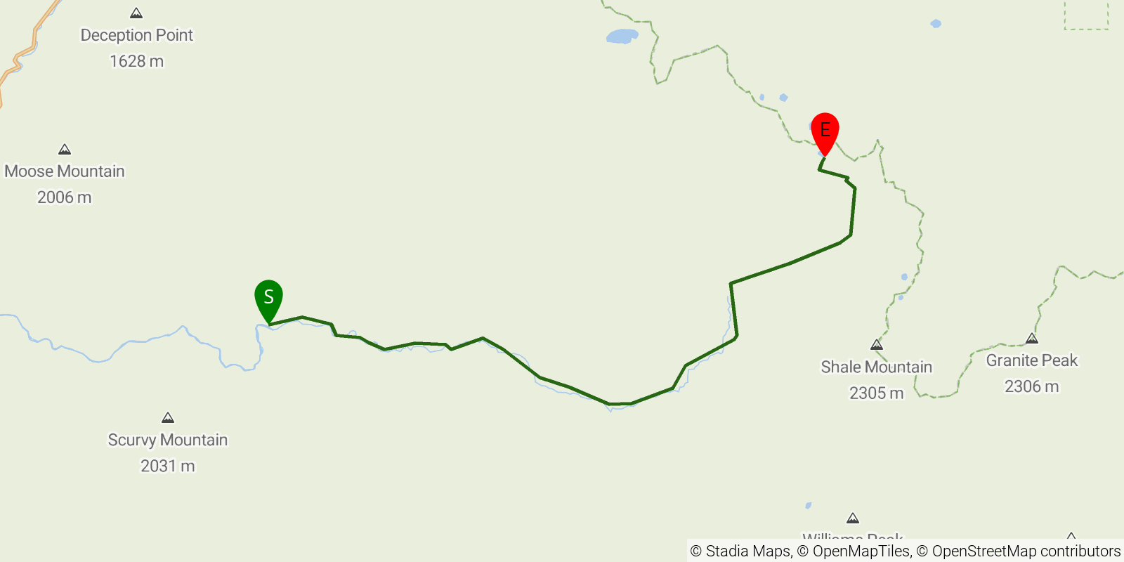 Route map of the Kelly Creek Trail on OpenStreetMap terrain