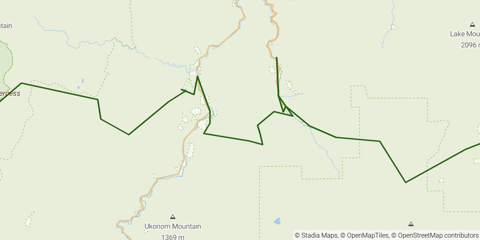 Route map of the Kelsey National Recreation Trail on OpenStreetMap terrain