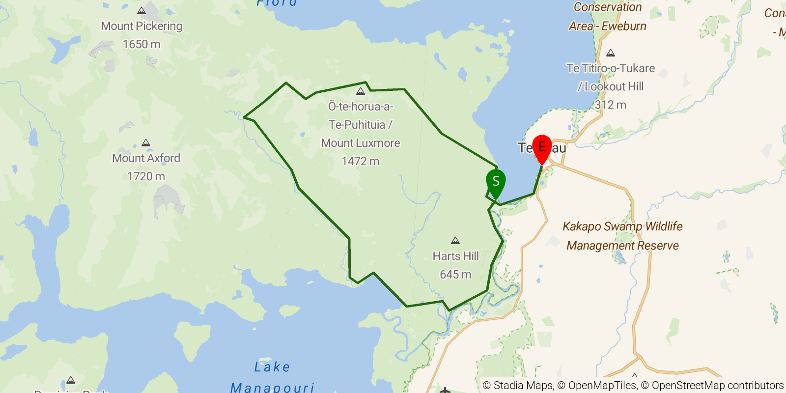 Route map of the Kepler Track on OpenStreetMap terrain