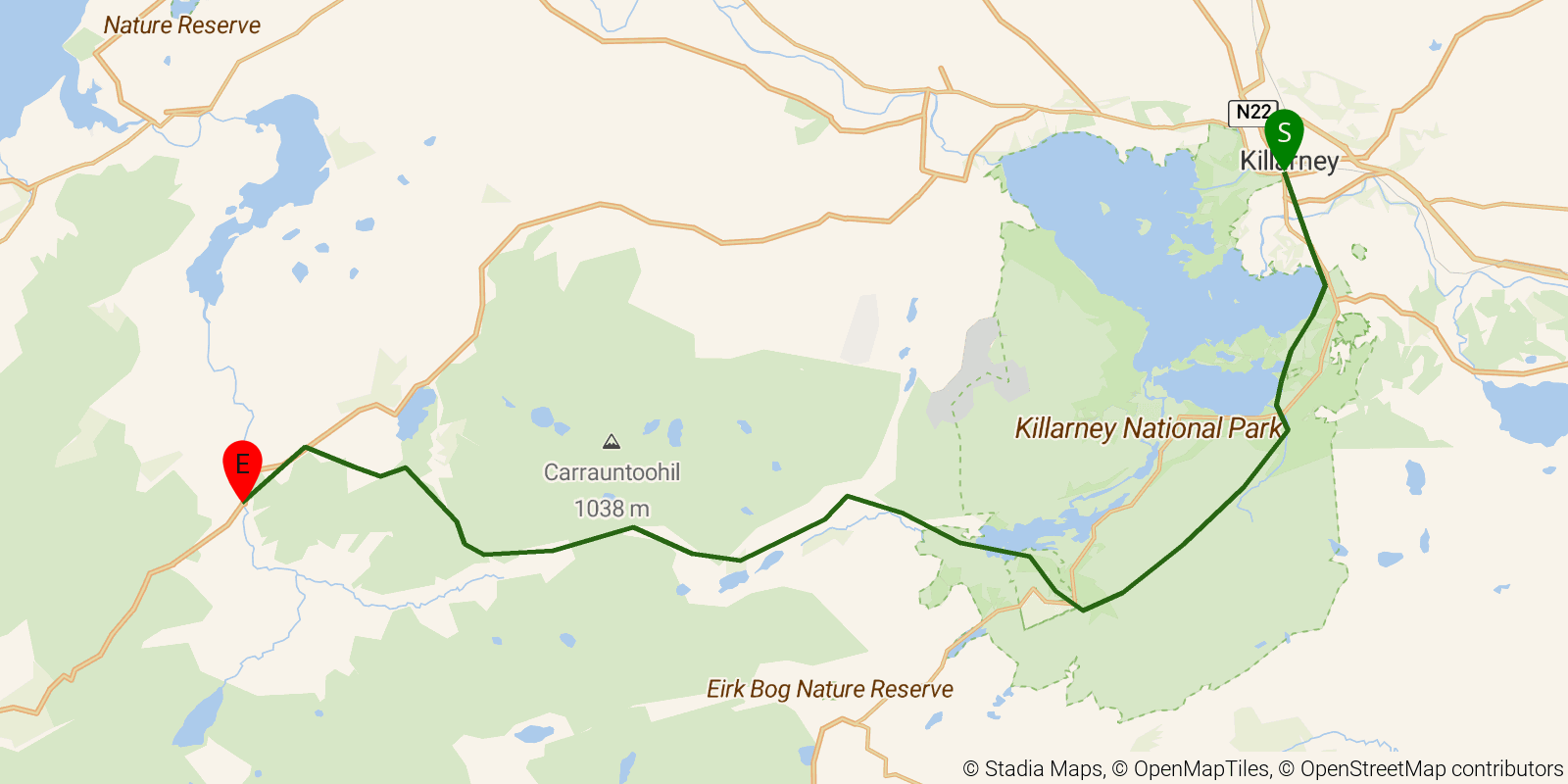 Route map of the Kerry Way — Stages 1–2: Killarney to Glencar on OpenStreetMap terrain