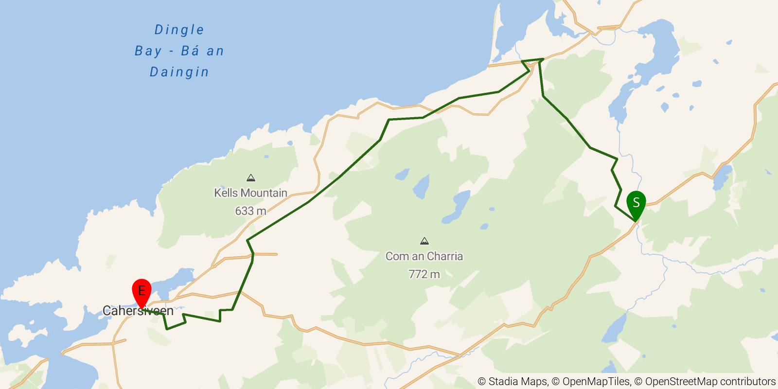 Route map of the Kerry Way — Stages 3–4: Glencar to Cahersiveen on OpenStreetMap terrain