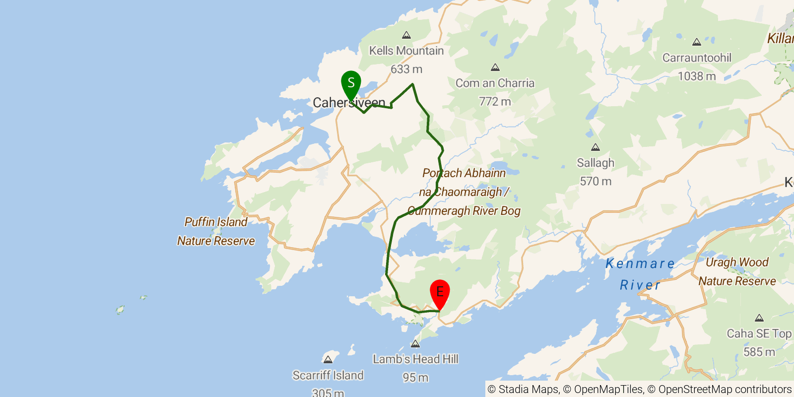 Route map of the Kerry Way — Stages 5–6: Cahersiveen to Caherdaniel on OpenStreetMap terrain