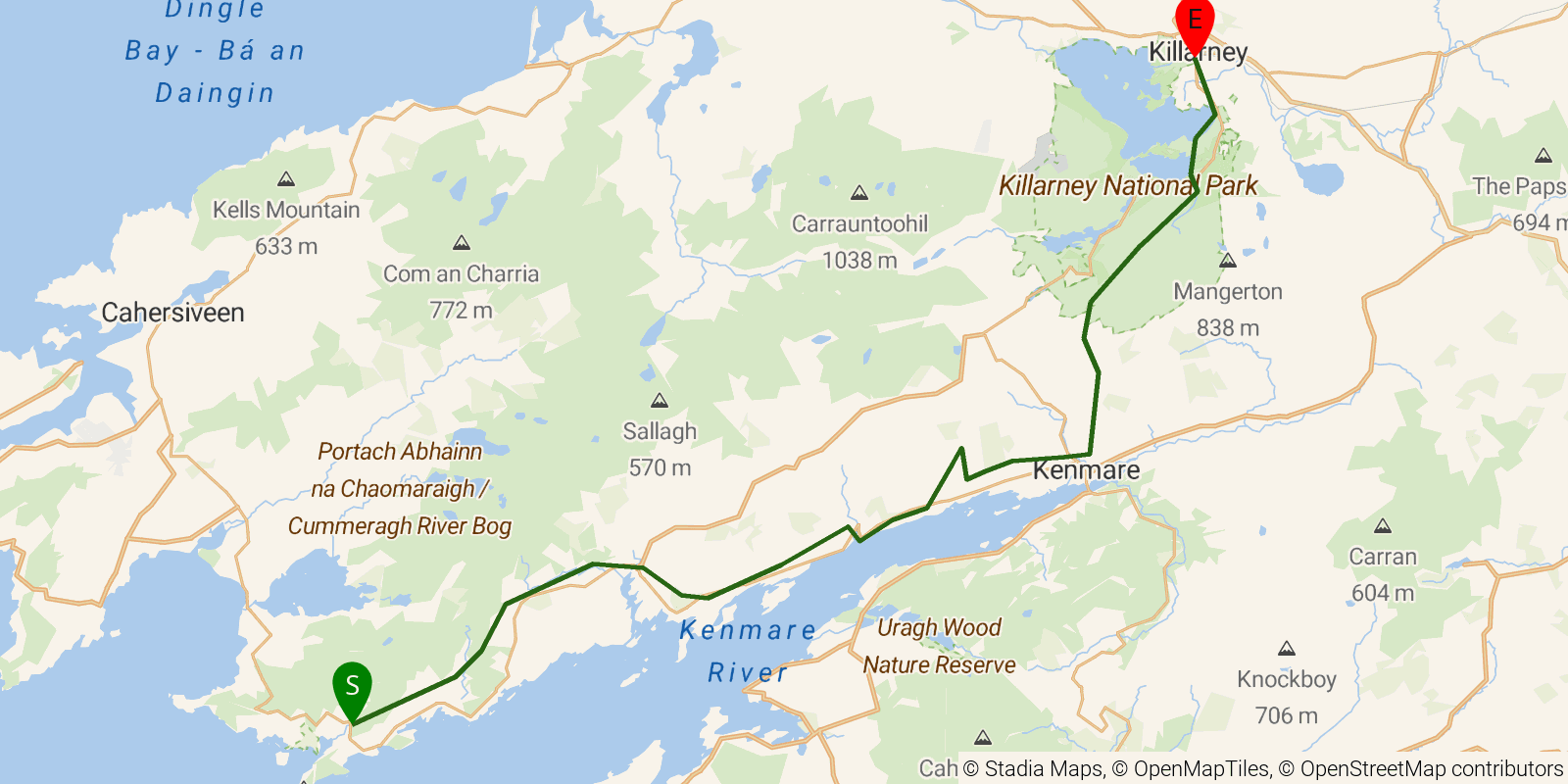 Route map of the Kerry Way — Stages 7–9: Caherdaniel to Killarney on OpenStreetMap terrain