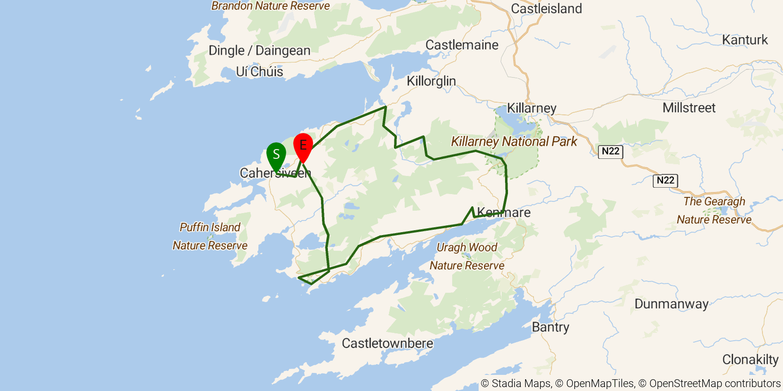 Route map of the The Kerry Way on OpenStreetMap terrain