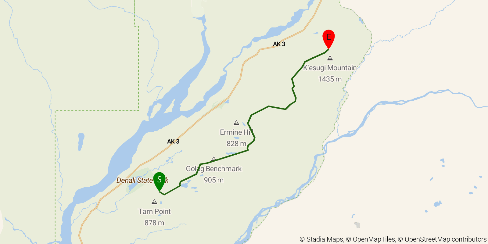 Route map of the K'esugi Ridge Trail on OpenStreetMap terrain
