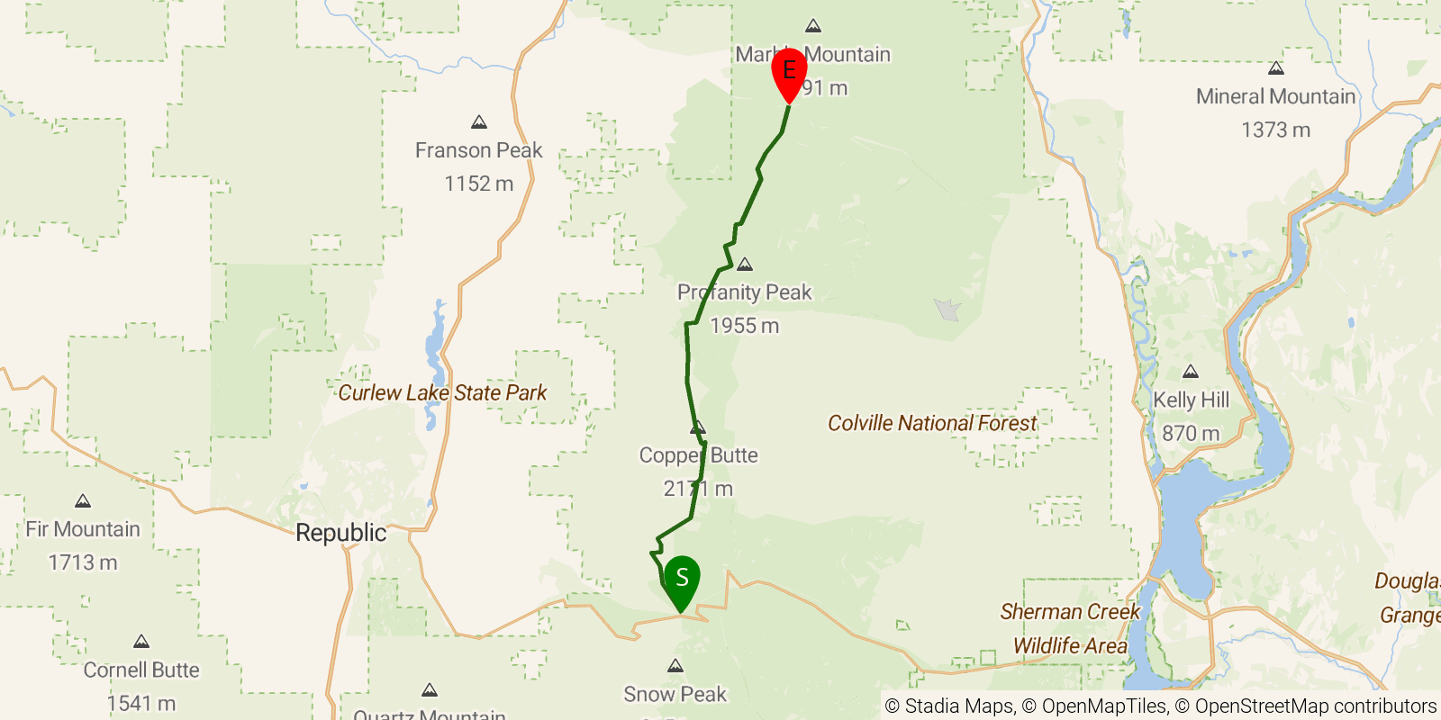 Route map of the Kettle Crest Trail North on OpenStreetMap terrain