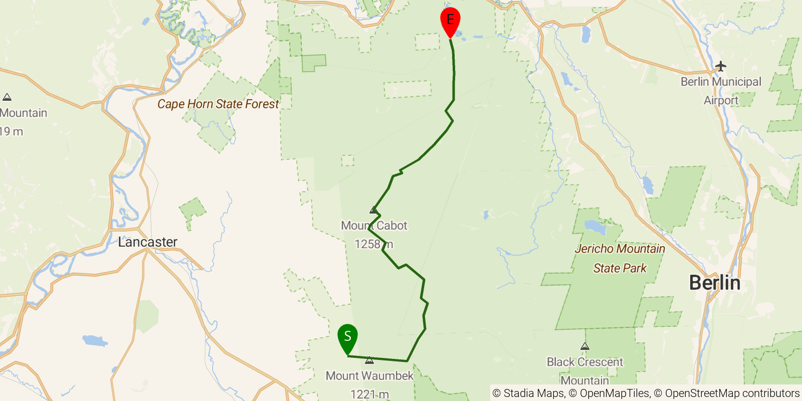 Route map of the Kilkenny Ridge Trail on OpenStreetMap terrain