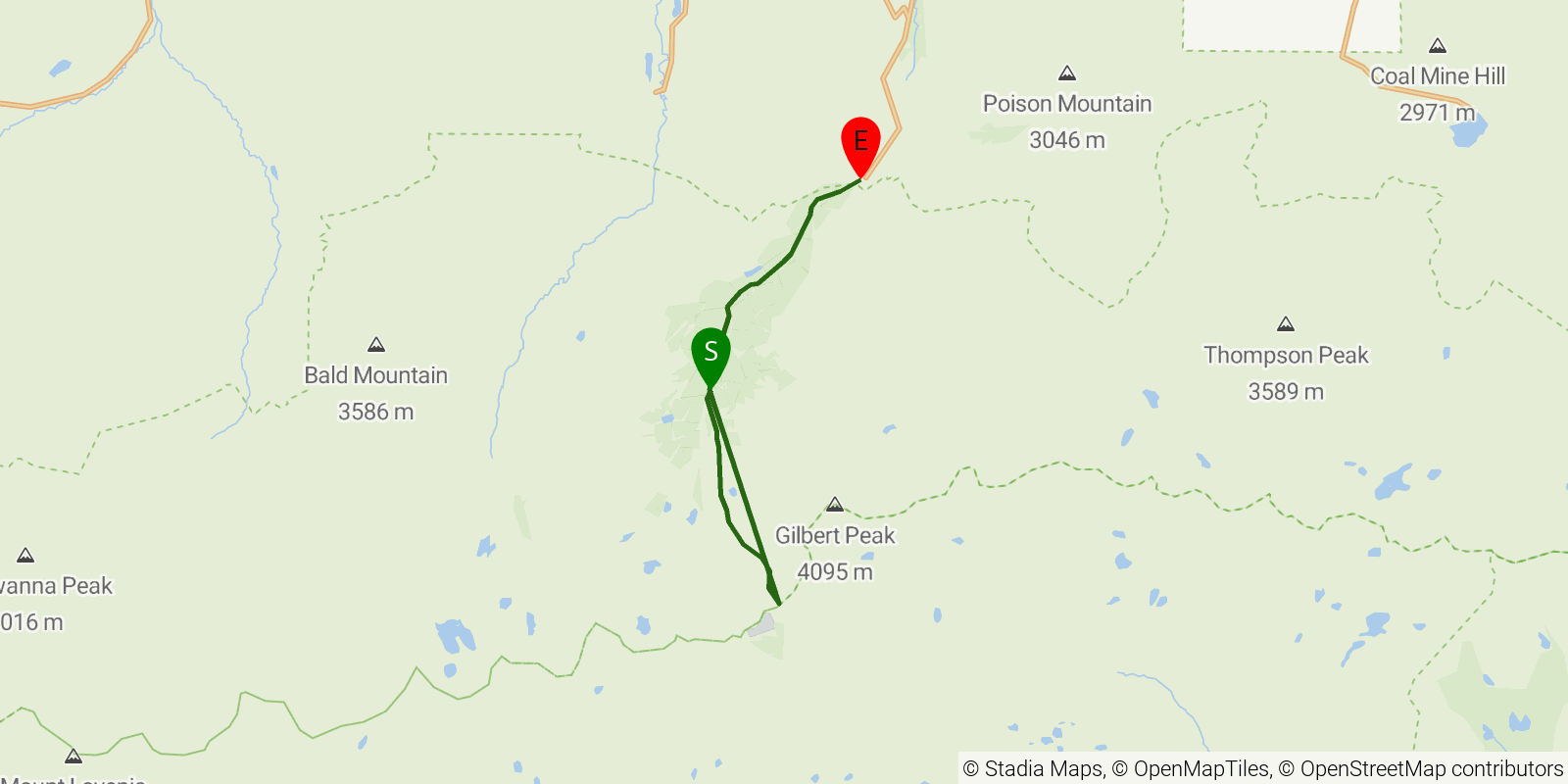 Route map of the Kings Peak via Henrys Fork on OpenStreetMap terrain
