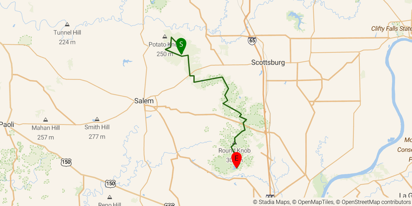 Route map of the Knobstone Trail on OpenStreetMap terrain