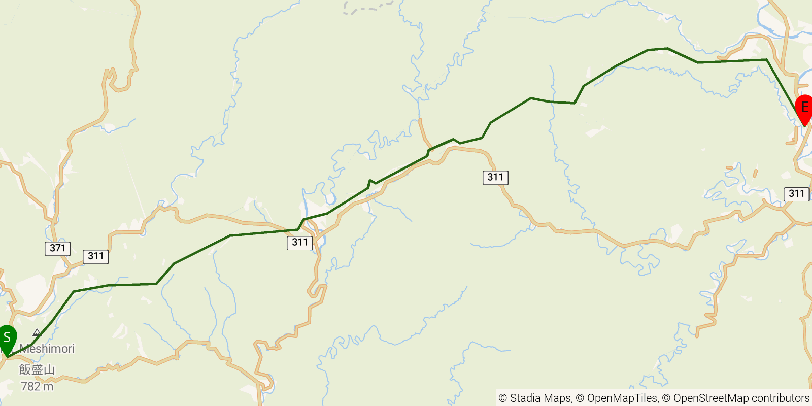 Route map of the Kumano Kodo Nakahechi on OpenStreetMap terrain