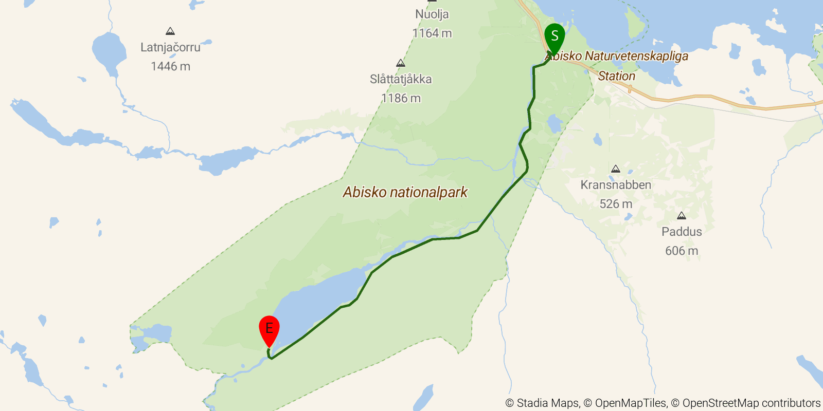 Route map of the Kungsleden – Abisko to Abiskojaure on OpenStreetMap terrain