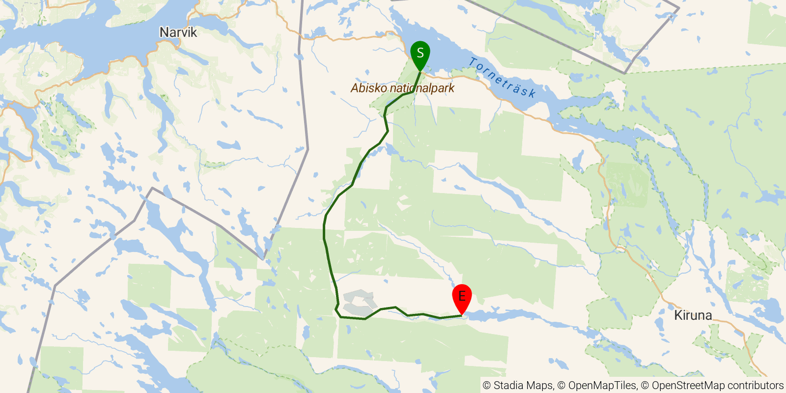Route map of the Kungsleden — Section 1: Abisko to Nikkaluokta on OpenStreetMap terrain