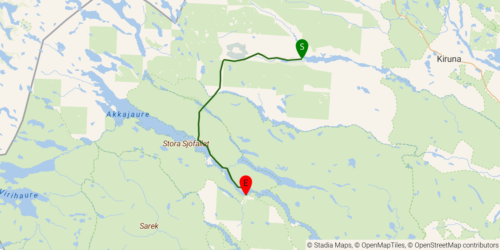 Route map of the Kungsleden — Section 2: Nikkaluokta to Saltoluokta on OpenStreetMap terrain