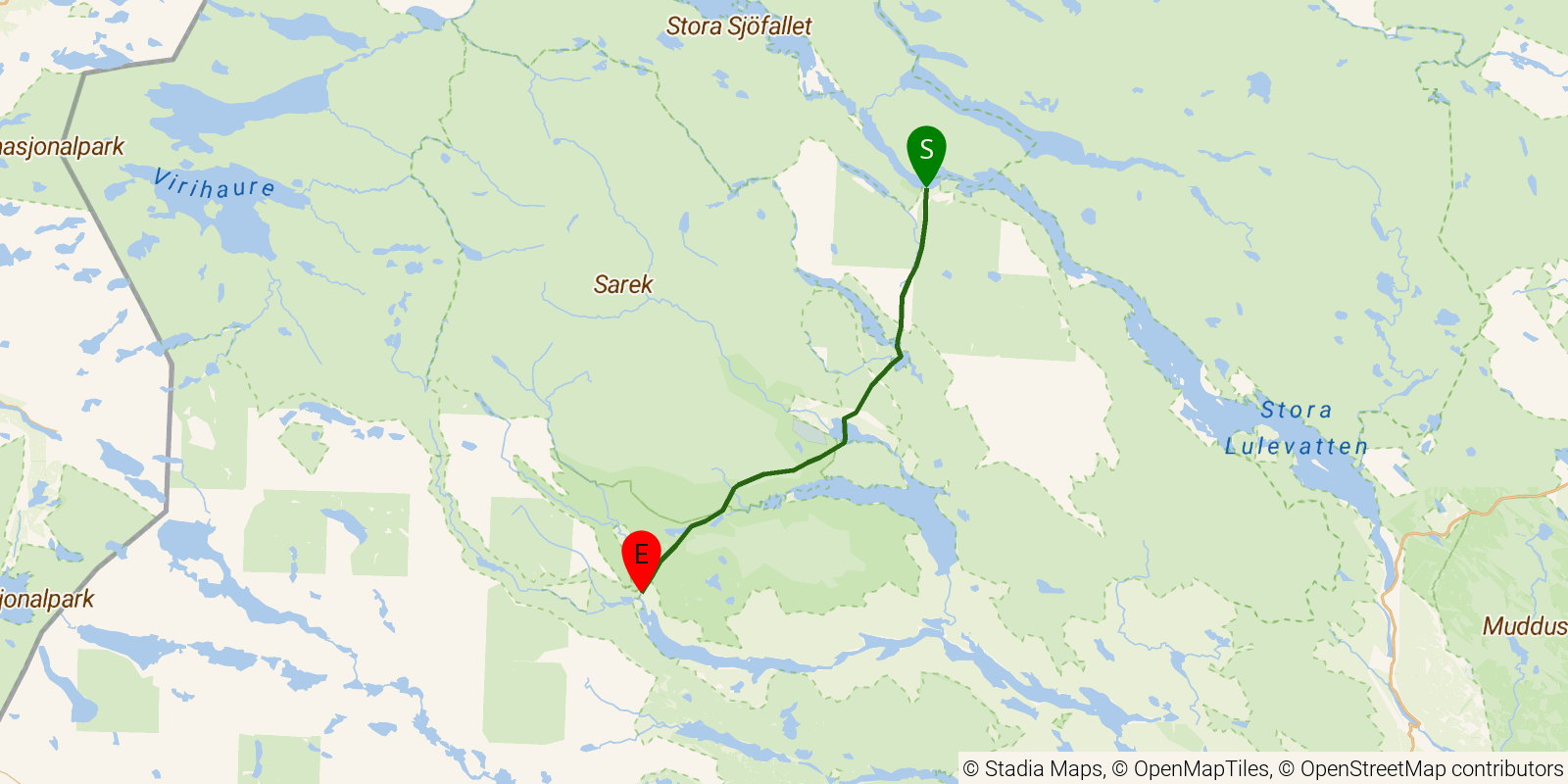 Route map of the Kungsleden — Section 3: Saltoluokta to Kvikkjokk on OpenStreetMap terrain