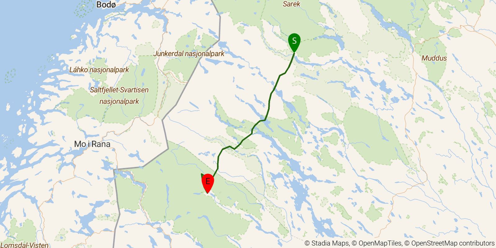 Route map of the Kungsleden — Section 4: Kvikkjokk to Ammarnäs on OpenStreetMap terrain