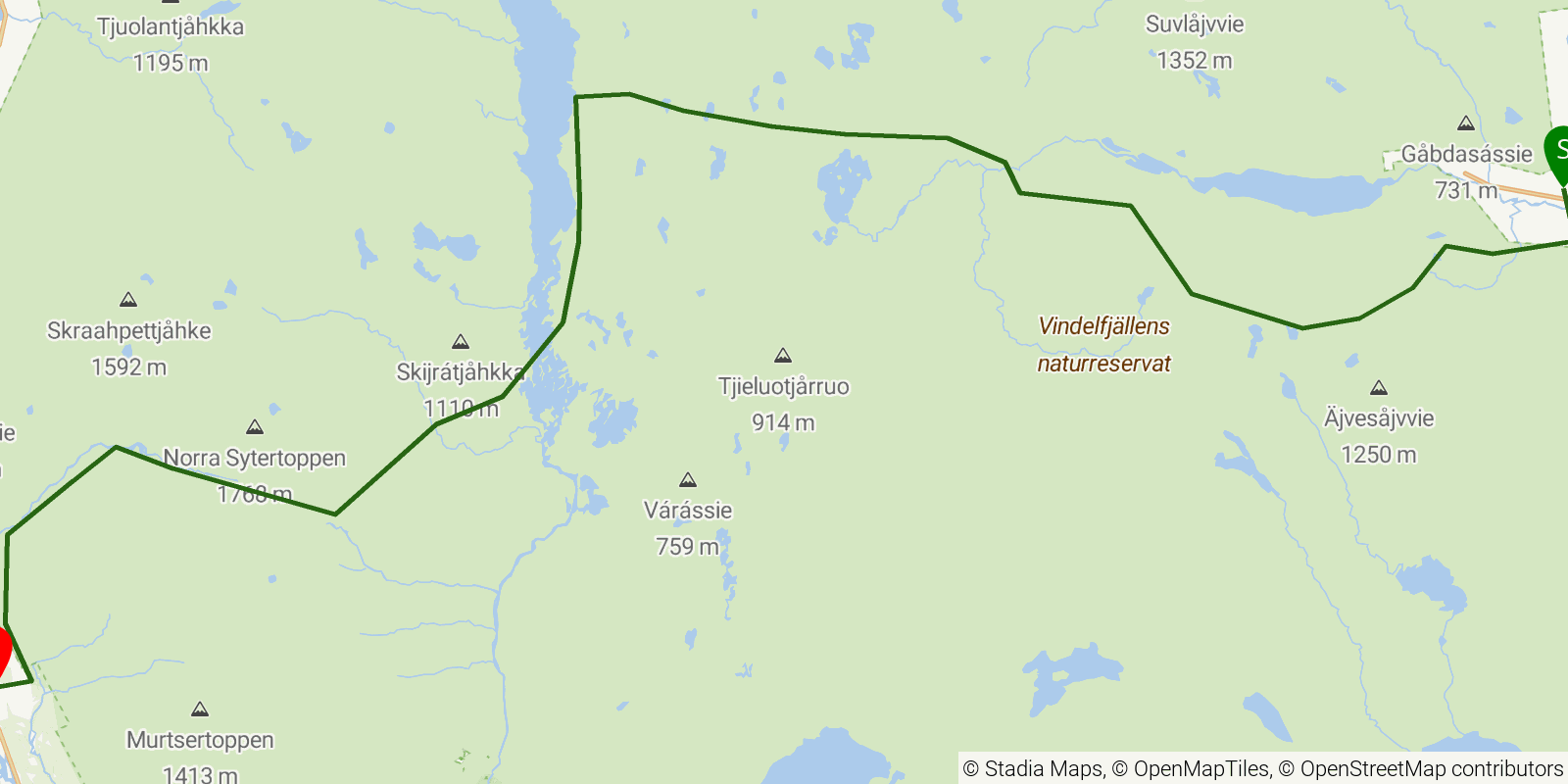 Route map of the Kungsleden — Section 5: Ammarnäs to Hemavan on OpenStreetMap terrain