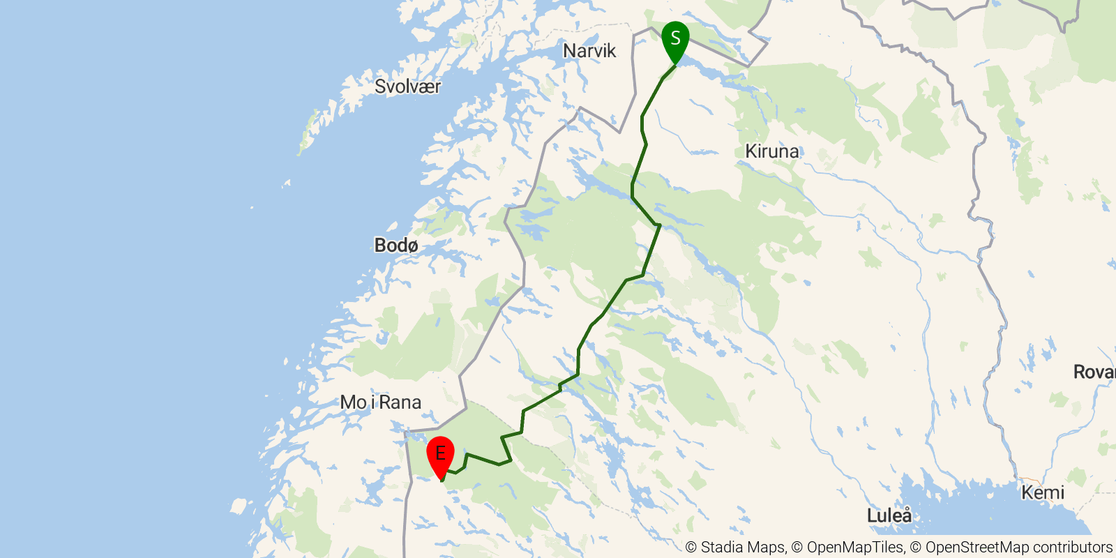 Route map of the Kungsleden on OpenStreetMap terrain