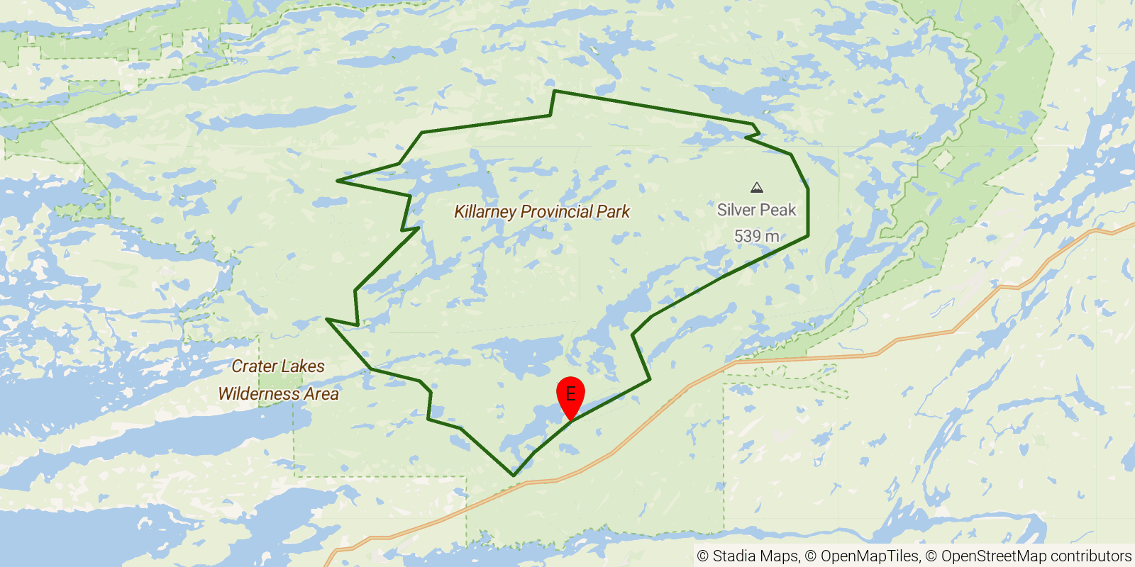 Route map of the La Cloche Silhouette Trail on OpenStreetMap terrain
