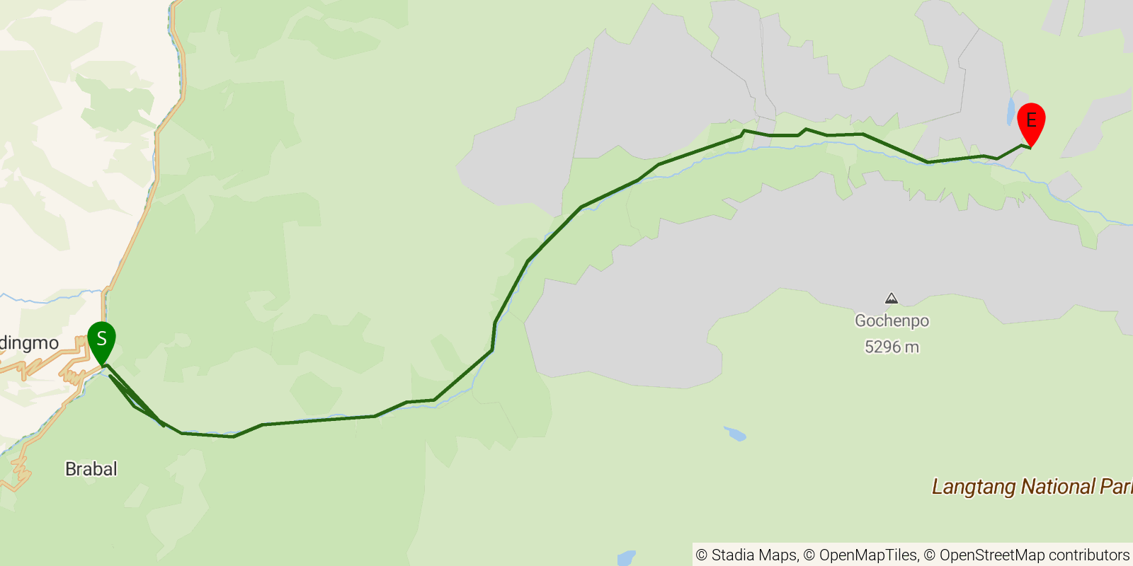 Route map of the Langtang Valley Trek on OpenStreetMap terrain