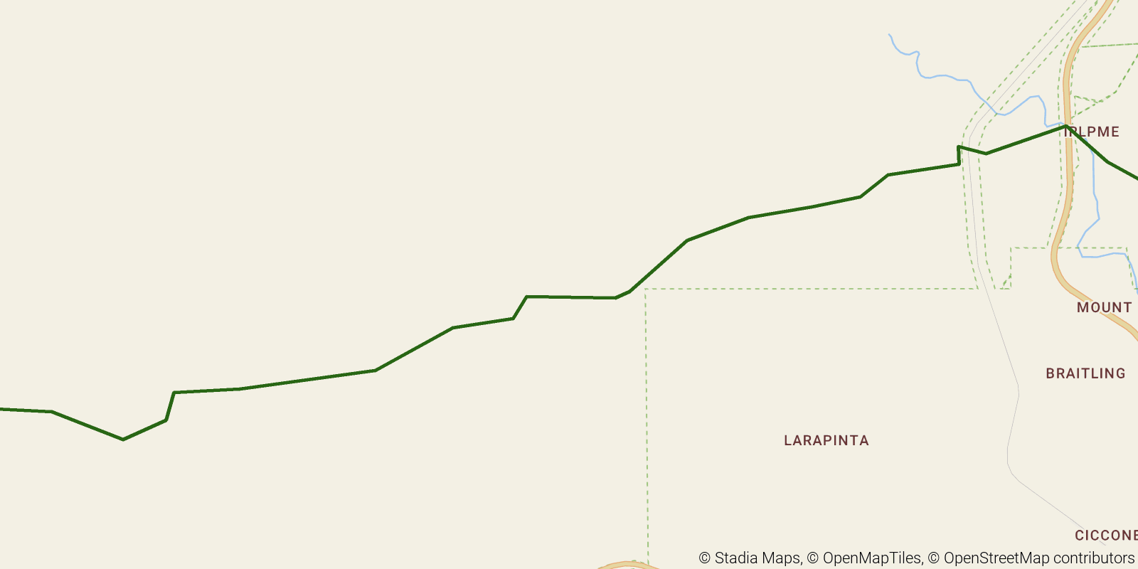 Route map of the Larapinta Trail — Section 1: Alice Springs Telegraph Station to Simpsons Gap on OpenStreetMap terrain