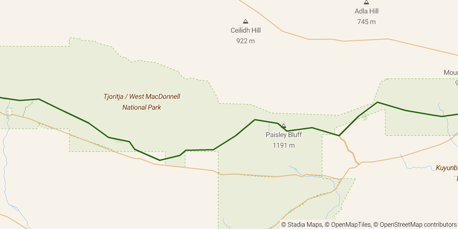 Route map of the Larapinta Trail on OpenStreetMap terrain