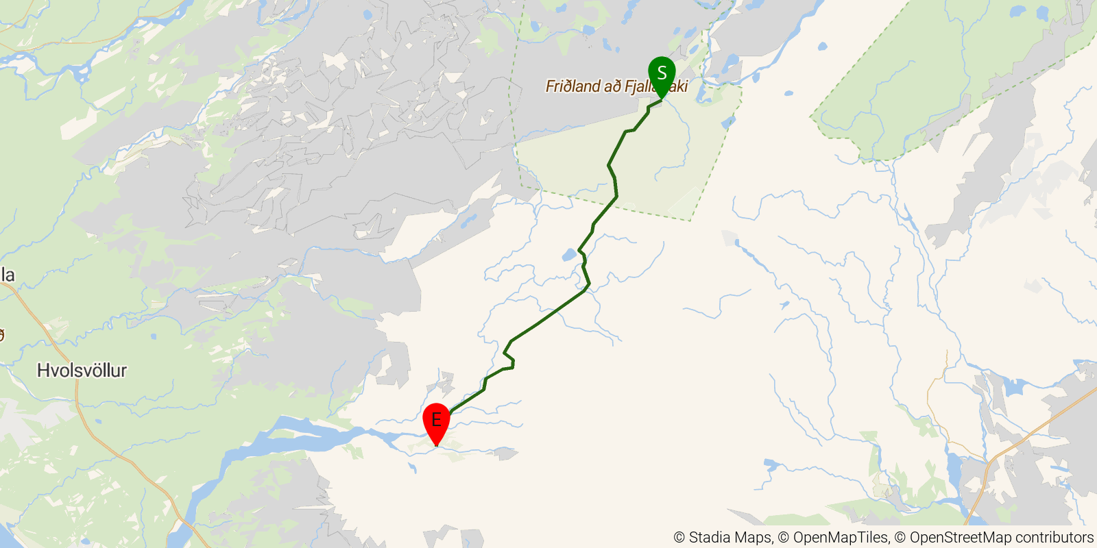 Route map of the Laugavegur on OpenStreetMap terrain