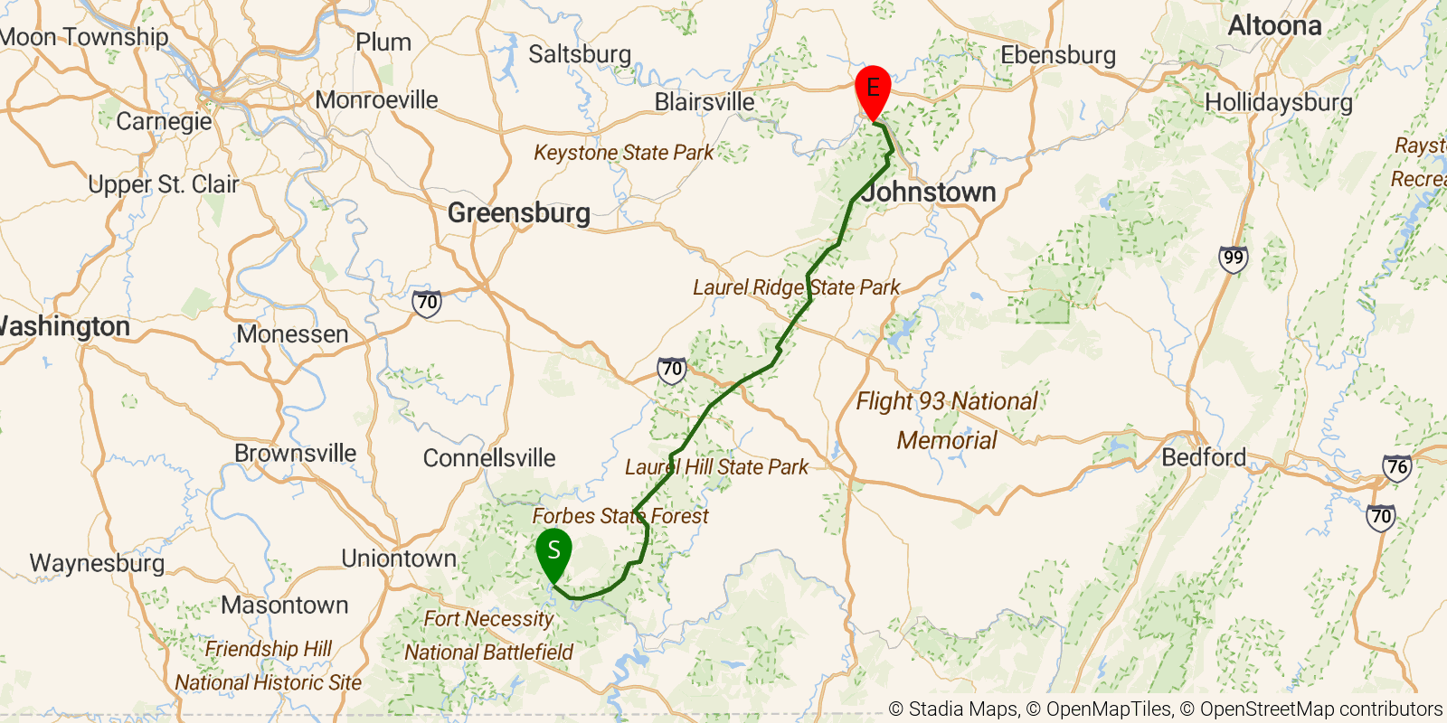 Route map of the Laurel Highlands Hiking Trail on OpenStreetMap terrain