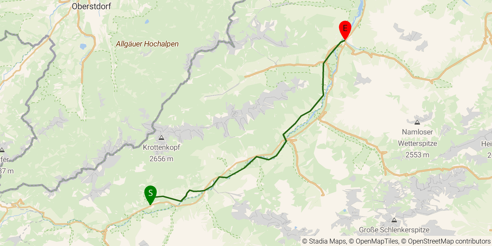 Route map of the Lechweg — Stages 4–5: Holzgau to Stanzach on OpenStreetMap terrain